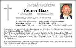 Traueranzeige Werner Haas