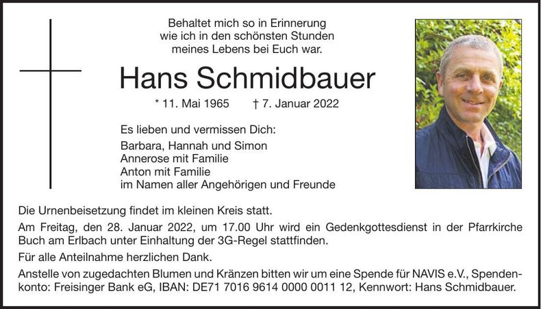 Traueranzeige Hans Schmidbauer