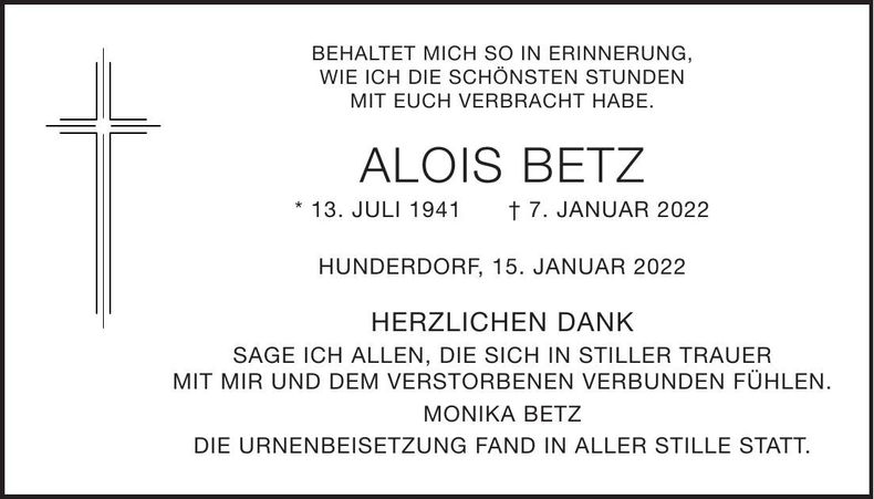 Traueranzeige Alois Betz