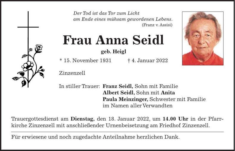 Traueranzeige Anna Seidl