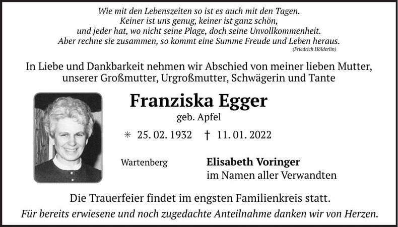 Traueranzeige Franziska Egger