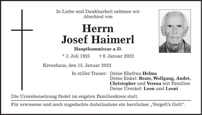 Traueranzeige Josef Haimerl