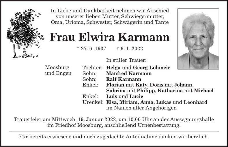 Traueranzeige Elwira Karmann