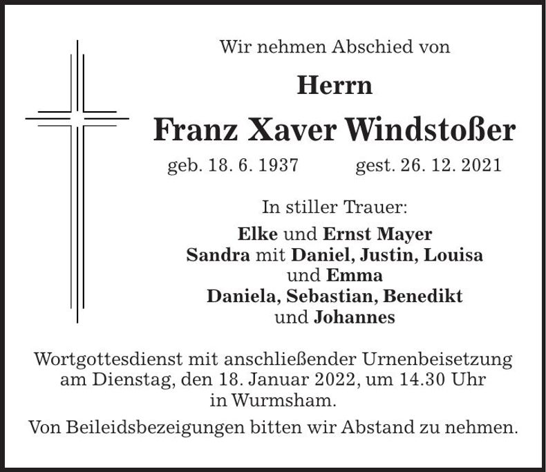 Traueranzeige Franz Xaver Windstoßer