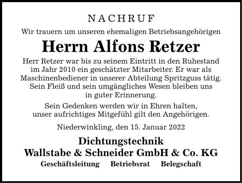 Traueranzeige Alfons Retzer