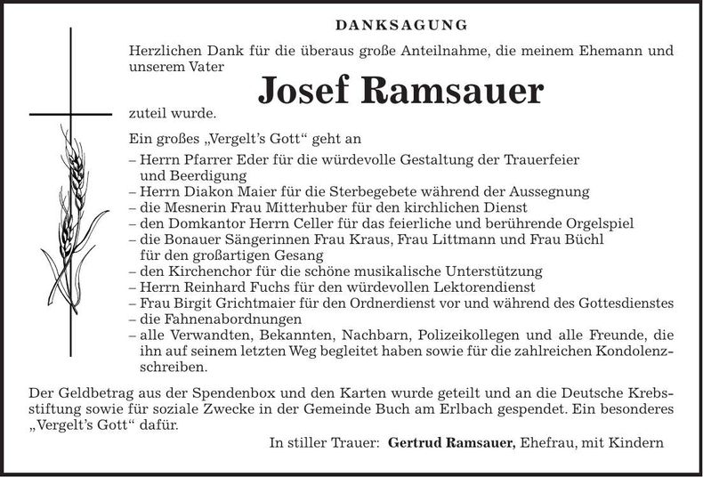 Traueranzeige Josef Ramsauer