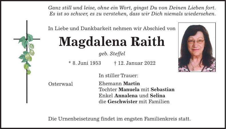Traueranzeige Magdalena Raith