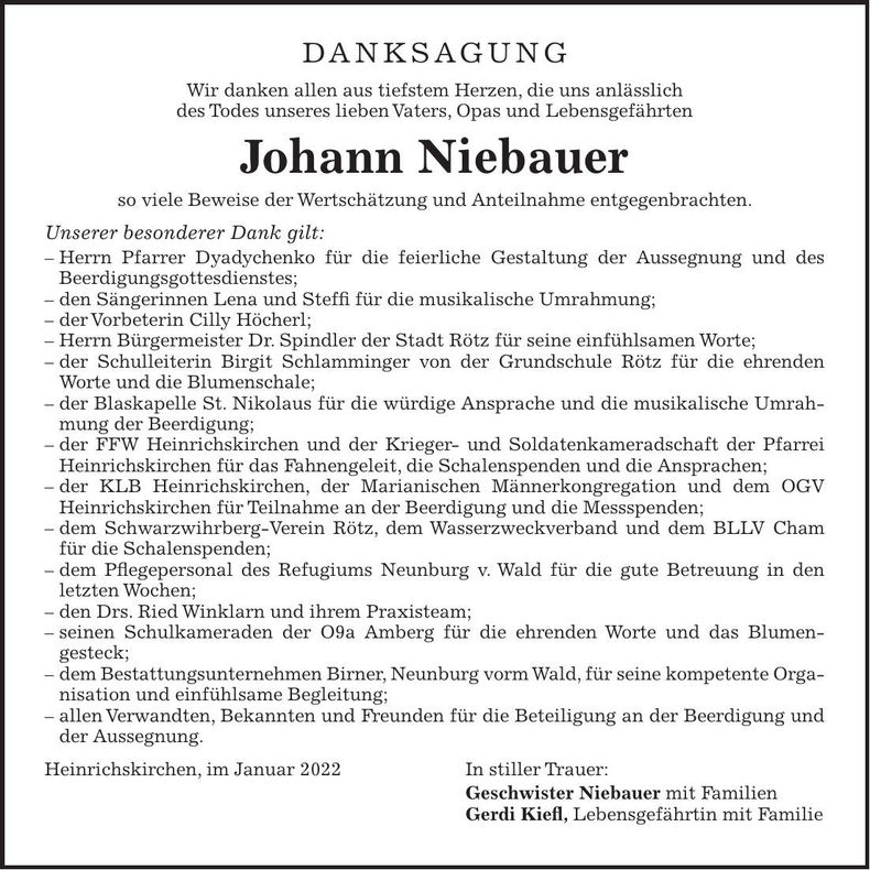 Traueranzeige Johann Niebauer
