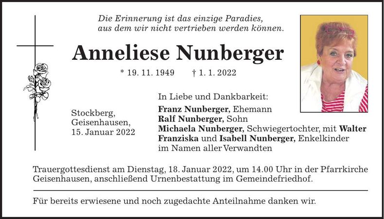 Traueranzeige Anneliese Nunberger