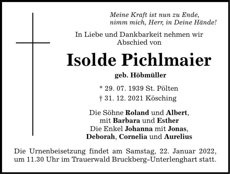 Traueranzeige Isolde Pichlmaier