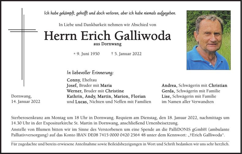 Traueranzeige Erich Galliwoda