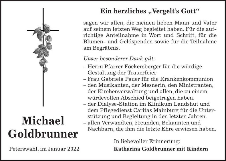 Traueranzeige Michael Goldbrunner