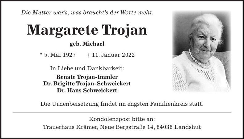 Traueranzeige Margarete Trojan