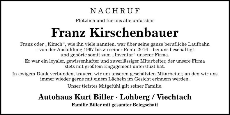 Traueranzeige Franz Kirschenbauer