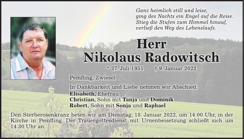Traueranzeige Nikolaus Radowitsch
