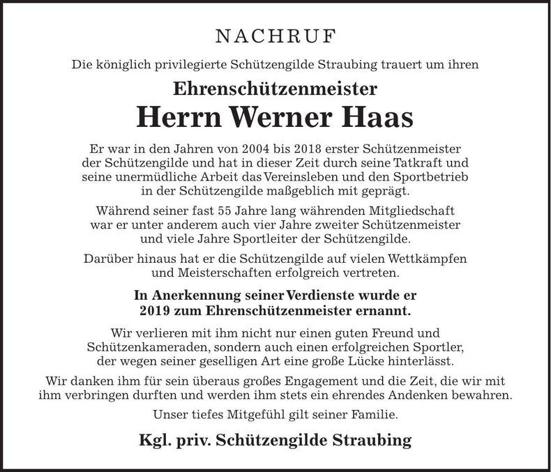 Traueranzeige Werner Haas