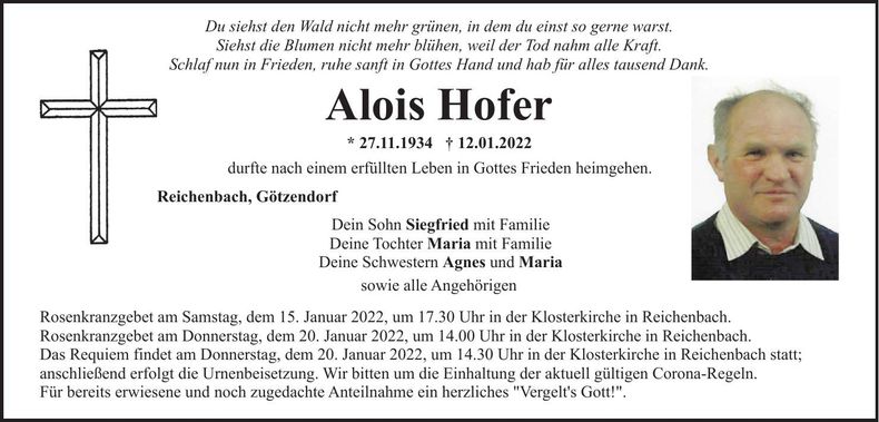 Traueranzeige Alois Hofer