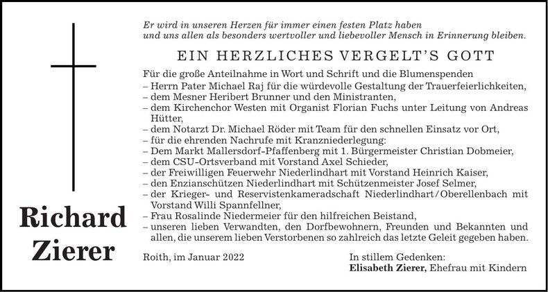 Traueranzeige Richard Zierer