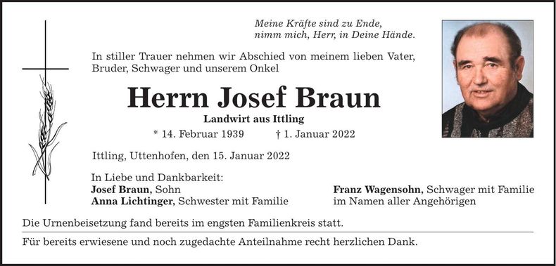 Traueranzeige Josef Braun