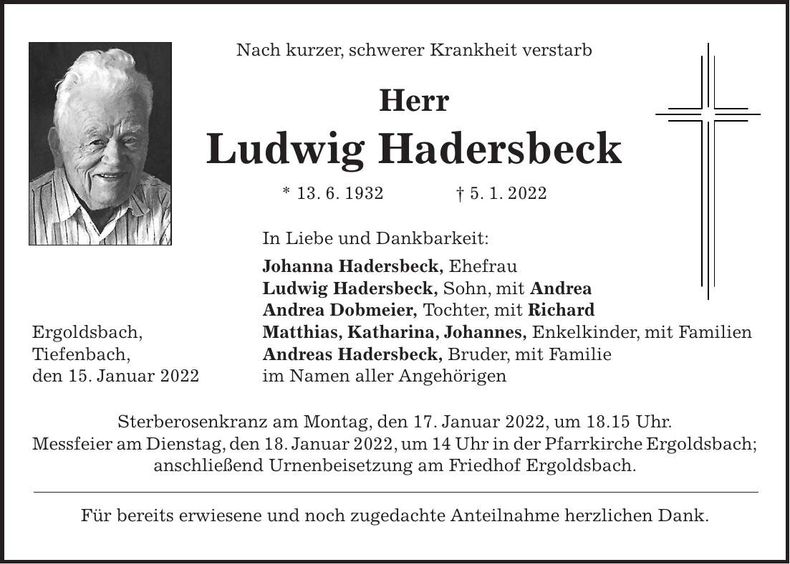 Traueranzeige Ludwig Hadersbeck