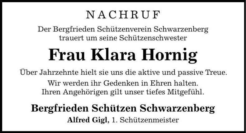 Traueranzeige Klara Hornig