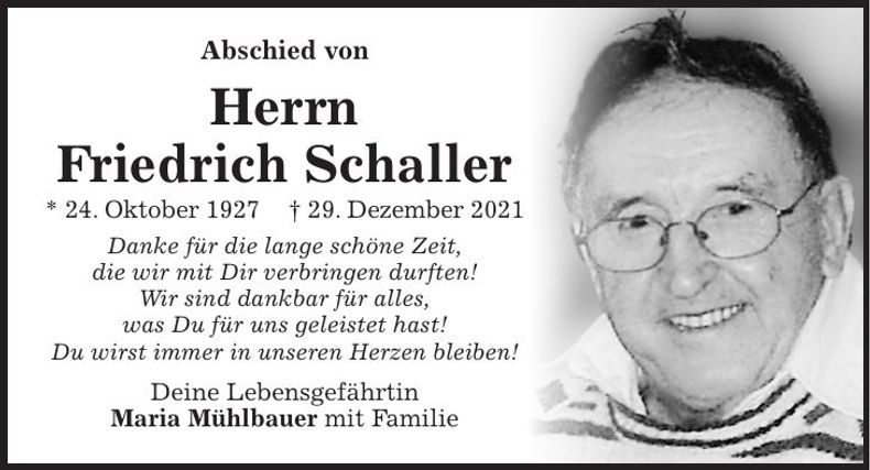 Traueranzeige Friedrich Schaller