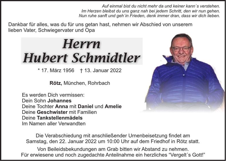 Traueranzeige Hubert Schmidtler