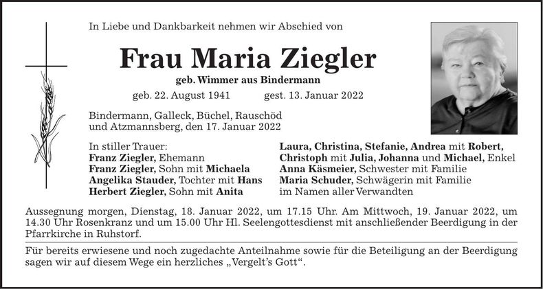 Traueranzeige Franz Ziegler
