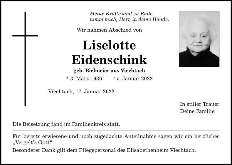 Traueranzeige Eidenschink Liselotte