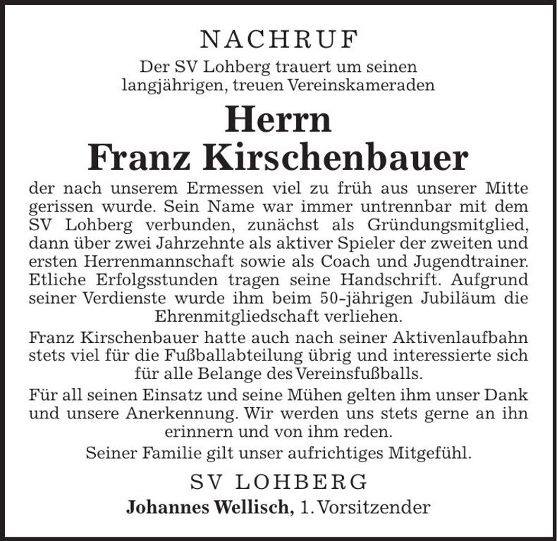 Traueranzeige Franz Kirschenbauer