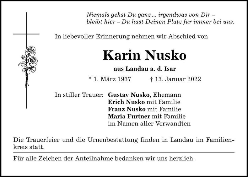 Traueranzeige Karin Nusko