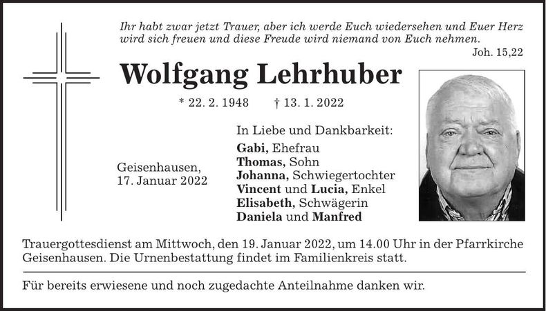 Traueranzeige Wolfgang Lehrhuber