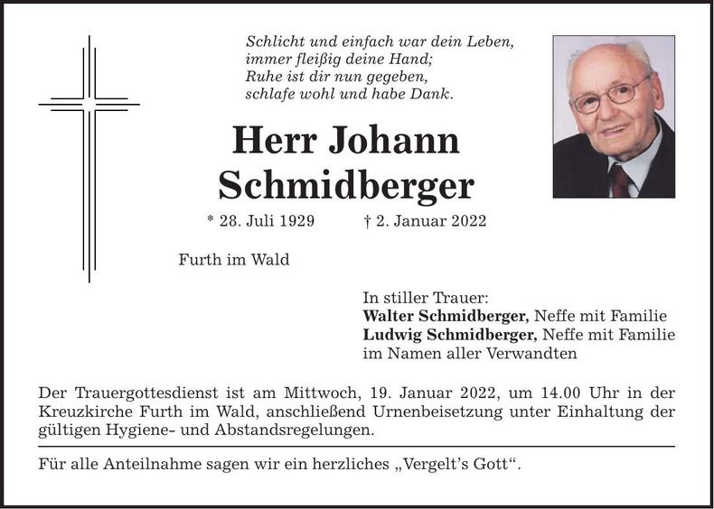 Traueranzeige Johann Schmidberger
