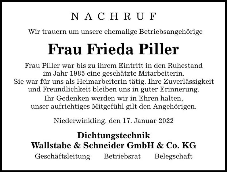 Traueranzeige Frieda Piller
