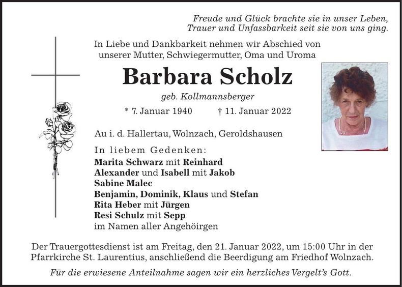 Traueranzeige Barbara Scholz