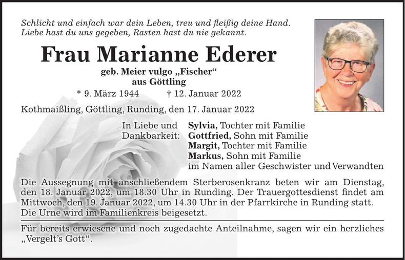 Traueranzeige Marianne Ederer