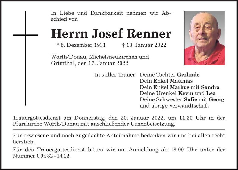 Traueranzeige Josef Renner