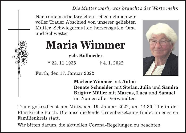 Traueranzeige Maria Wimmer