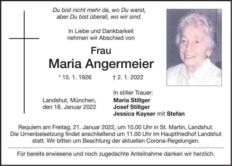 Traueranzeige Maria Angermeier