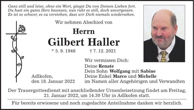 Traueranzeige Gilbert Haller