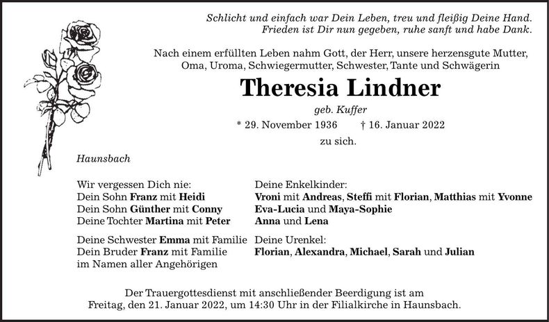 Traueranzeige Theresia Lindner