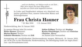 Traueranzeige Christa Hauner