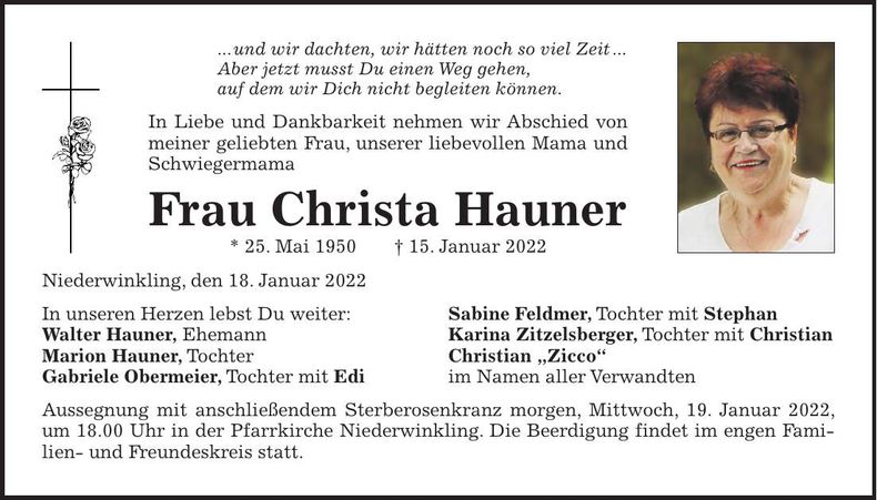 Traueranzeige Christa Hauner
