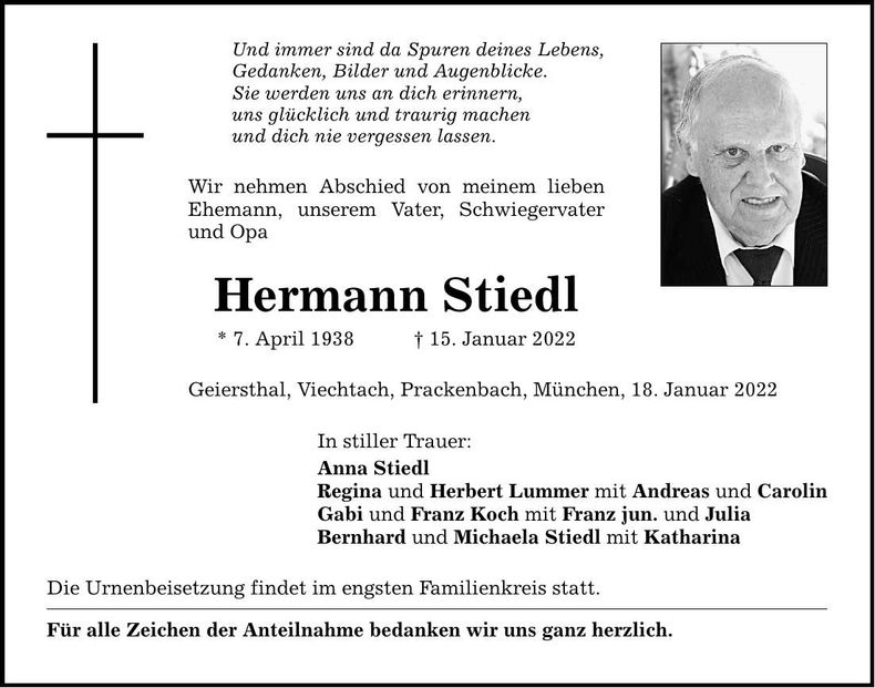 Traueranzeige Hermann Stiedl