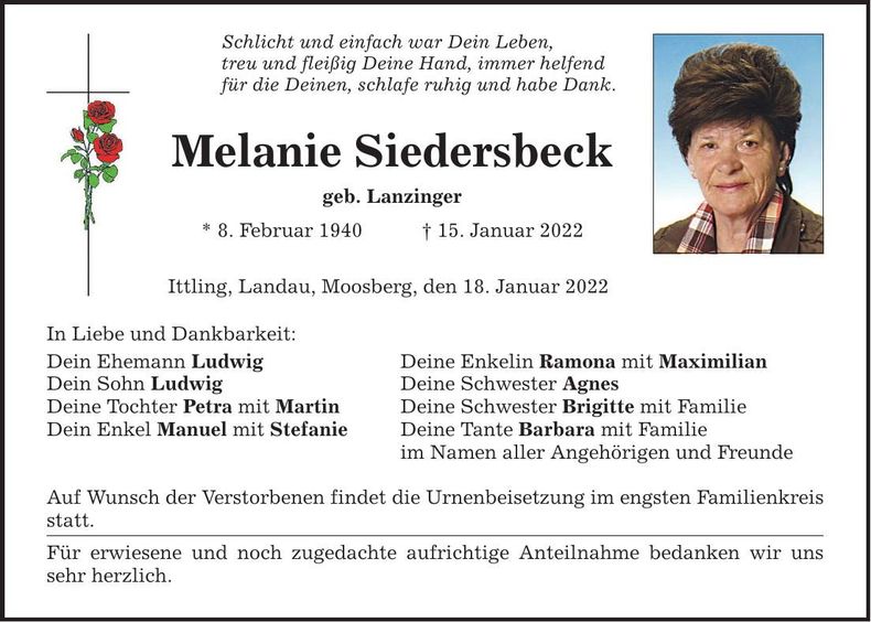 Traueranzeige Melanie Siedersbeck