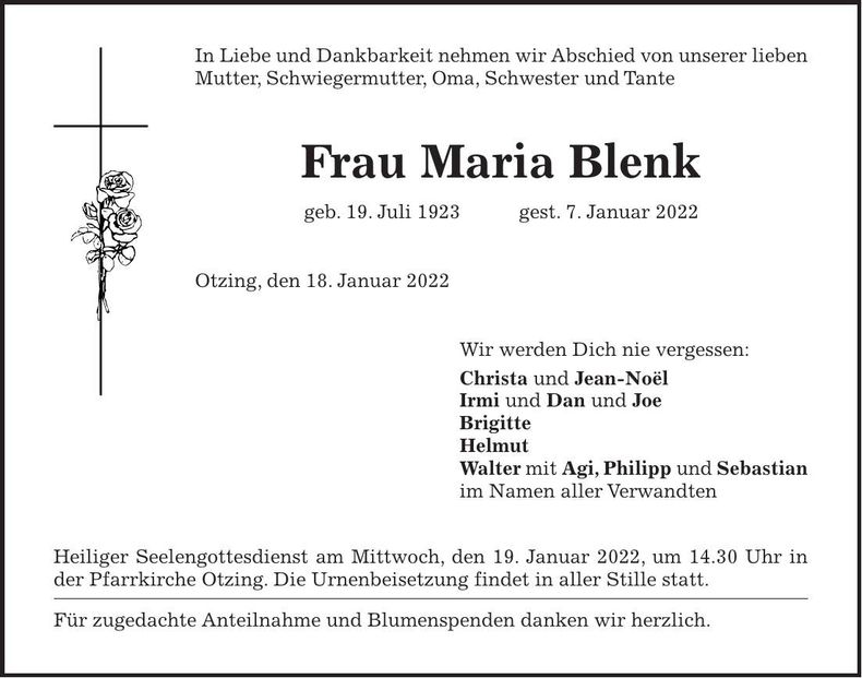 Traueranzeige Maria Blenk