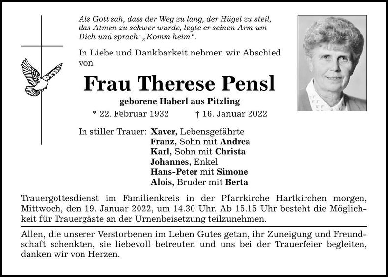 Traueranzeige Therese Pensl