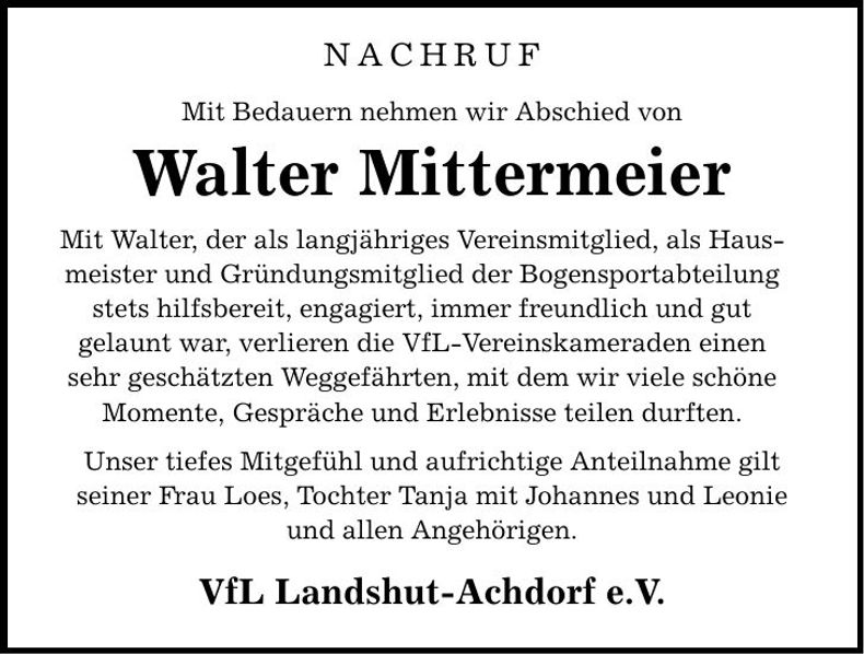 Traueranzeige Walter Mittermeier