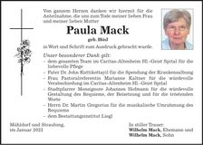 Traueranzeige Paula Mack