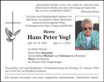 Traueranzeige Hans Peter Vogl